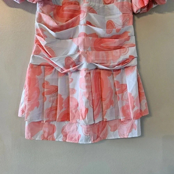 PrettyLittleThing Pink Swirl Print Pleated Waist Puff Sleeve Skater Mini Dress S - Picture 11 of 16